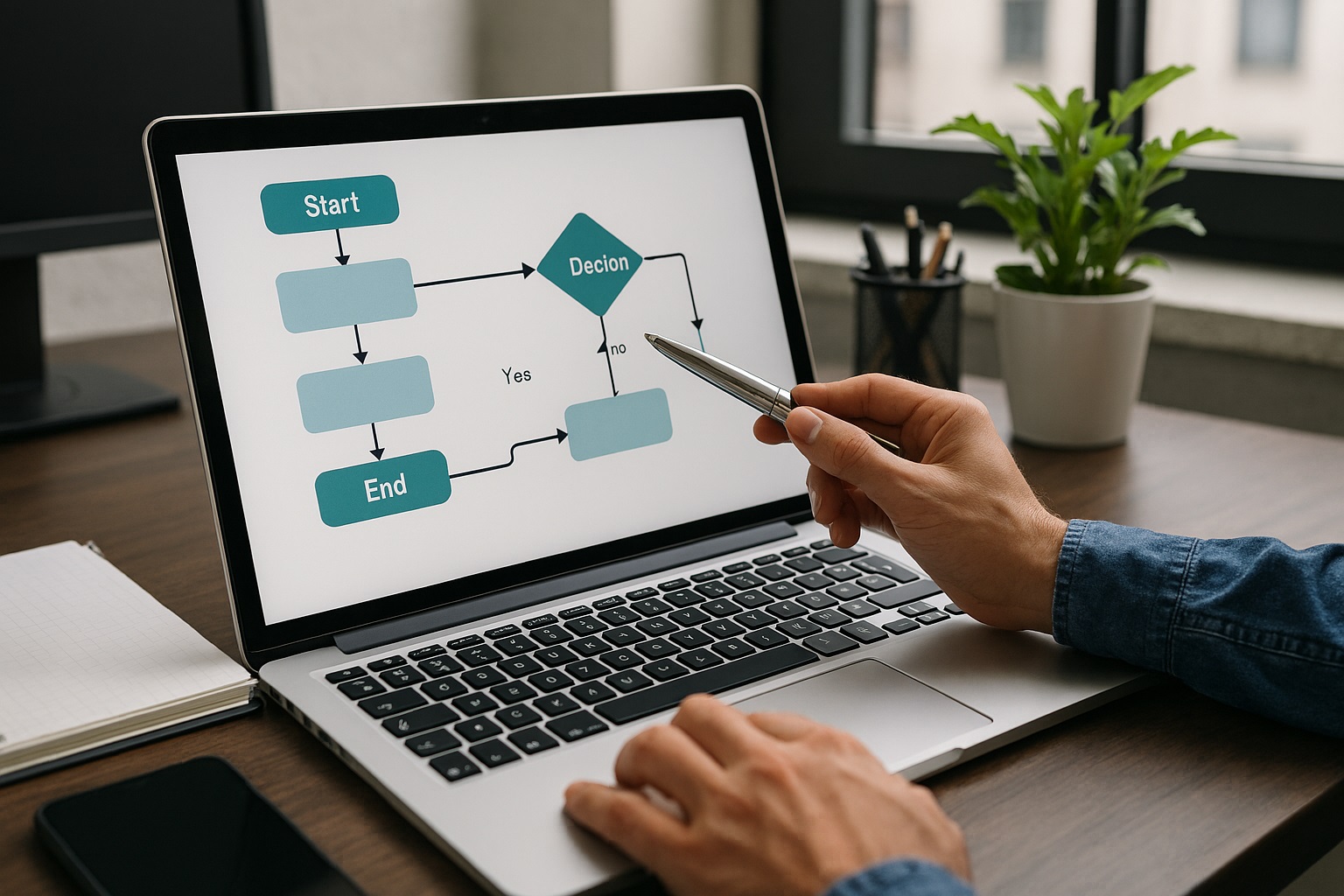 Laptop screen showing a workflow diagram being created